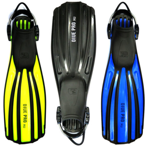 divepro-xu-duikvinnen-blauw-geel-zwart Divepro: XU buitenwater vinnen met RVS springstraps