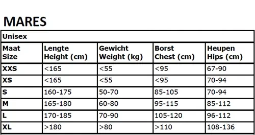 mares-maattabel-trimvest-1 Mares: Prestige trimjacket unisex